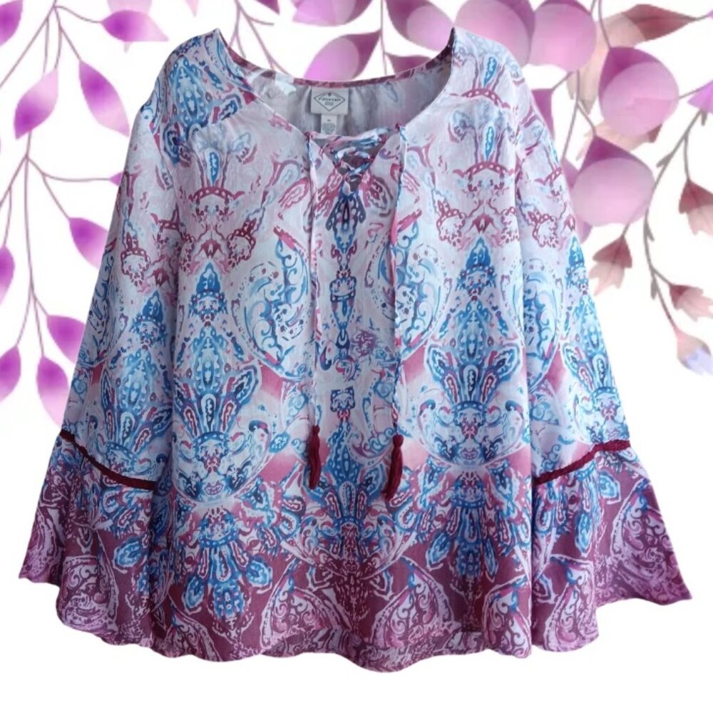 St. John's Bay Blouse Size XL Top Shirt Bell Sleeves Lightweight Tassel Peasant